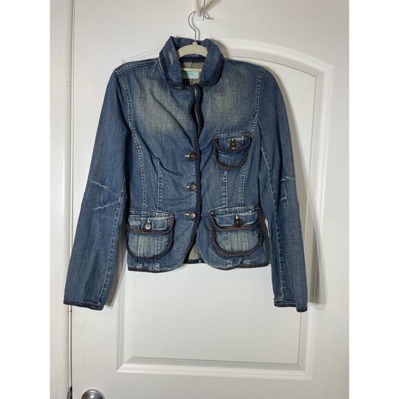 Y2K Denim Jacket Small Elbow Patches Steampunk Grunge Whimsigoth Rockabilly - Picture 1 of 6
